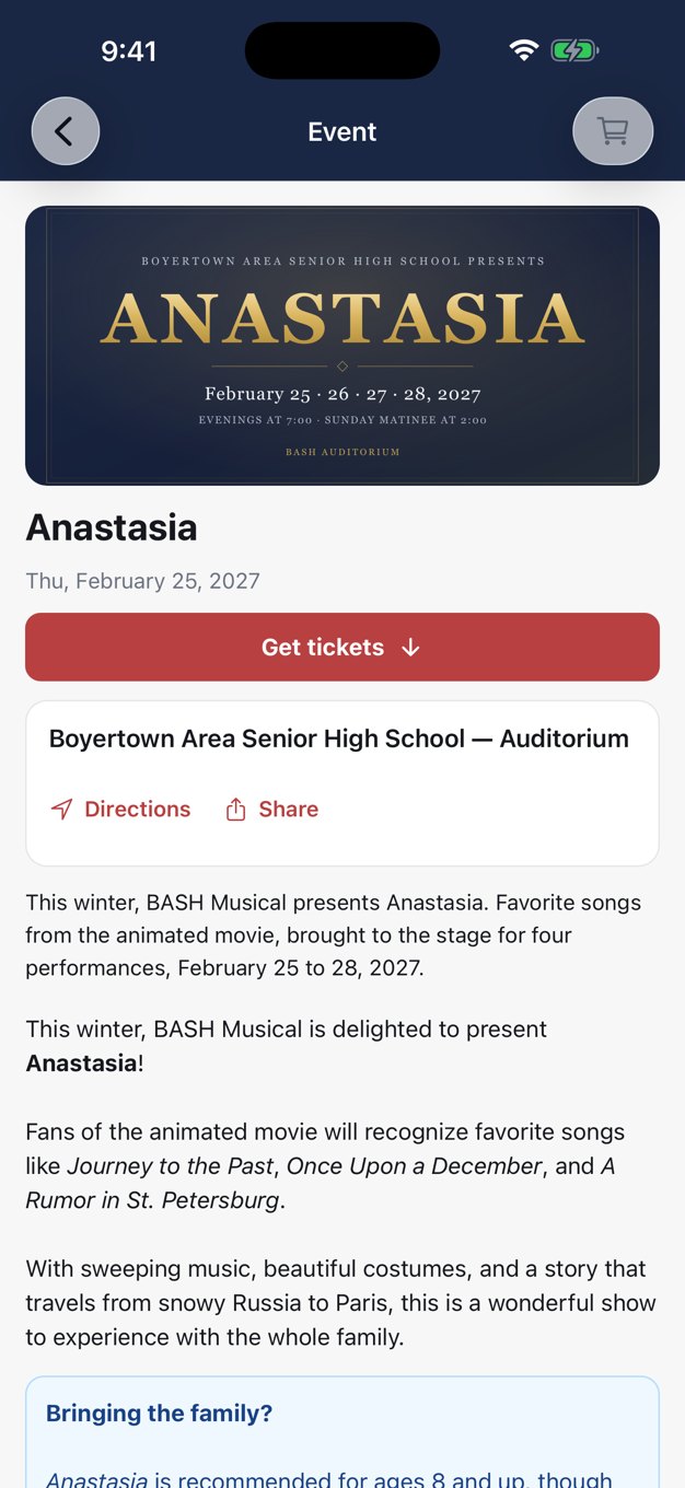 The Boyertown Music event page for Anastasia, with a Get tickets button