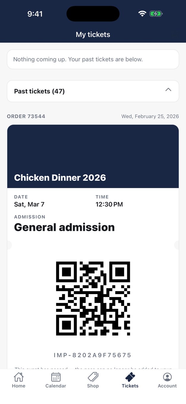 A ticket in the Boyertown Music app with its QR code for entry
