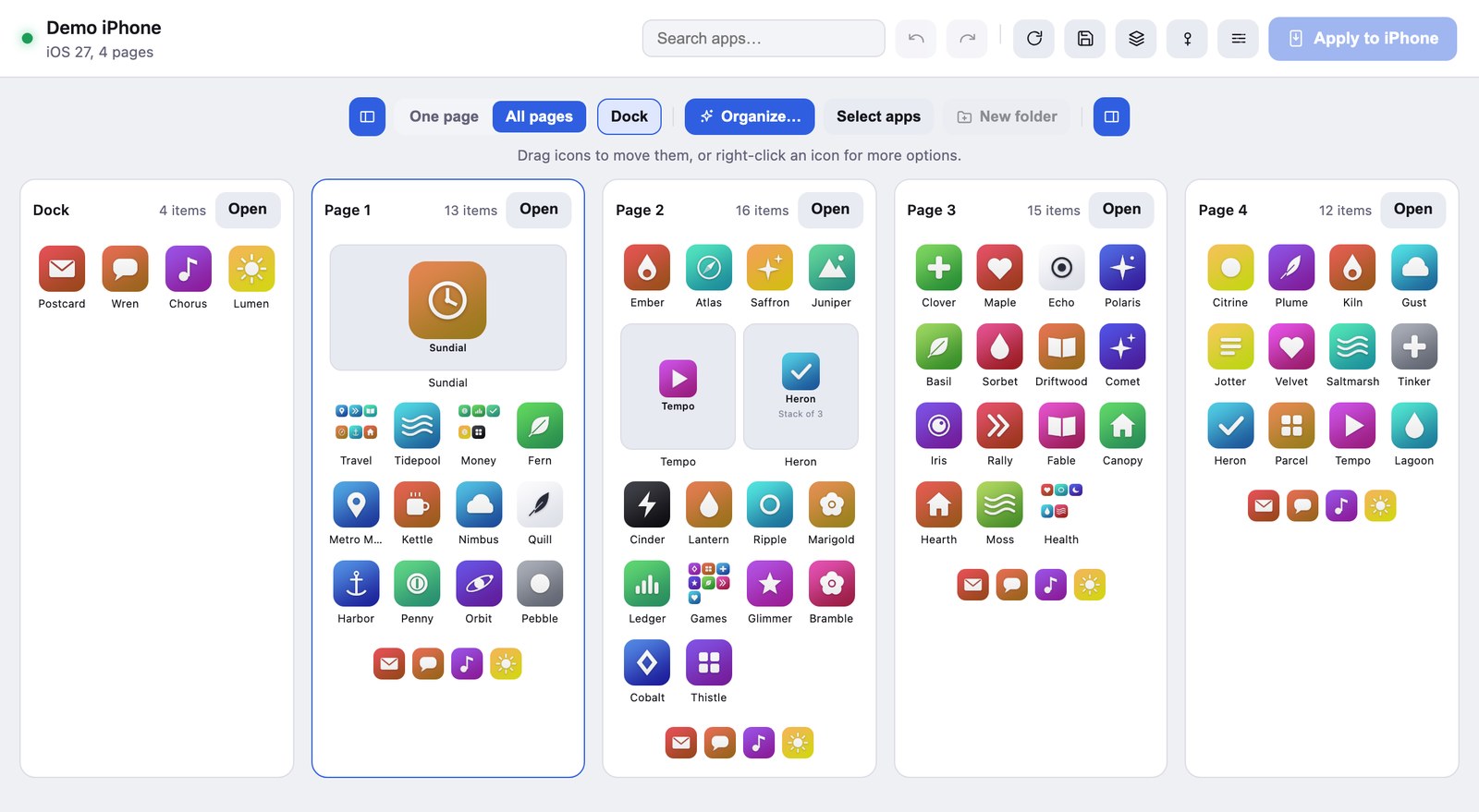 The Icon Mosaic window on a Mac, showing the pages of an iPhone Home Screen side by side