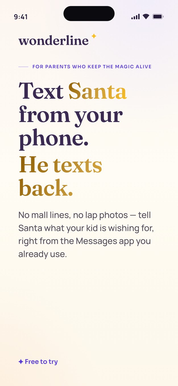Wonderline's welcome screen: text Santa from your phone, and he texts back