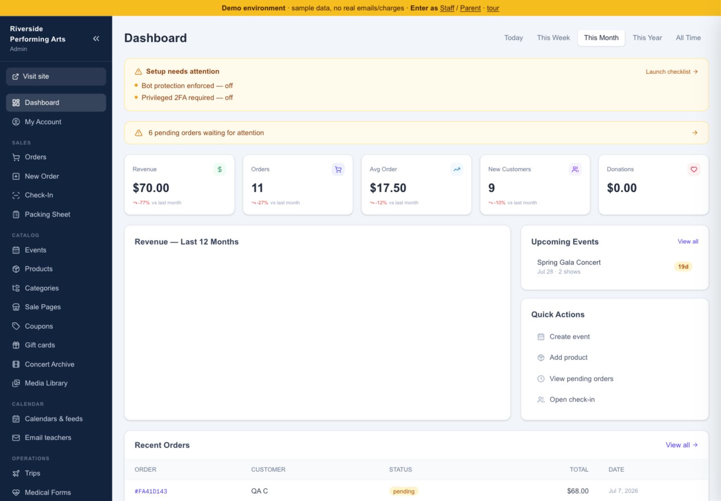 Admin dashboard for event sales and order management