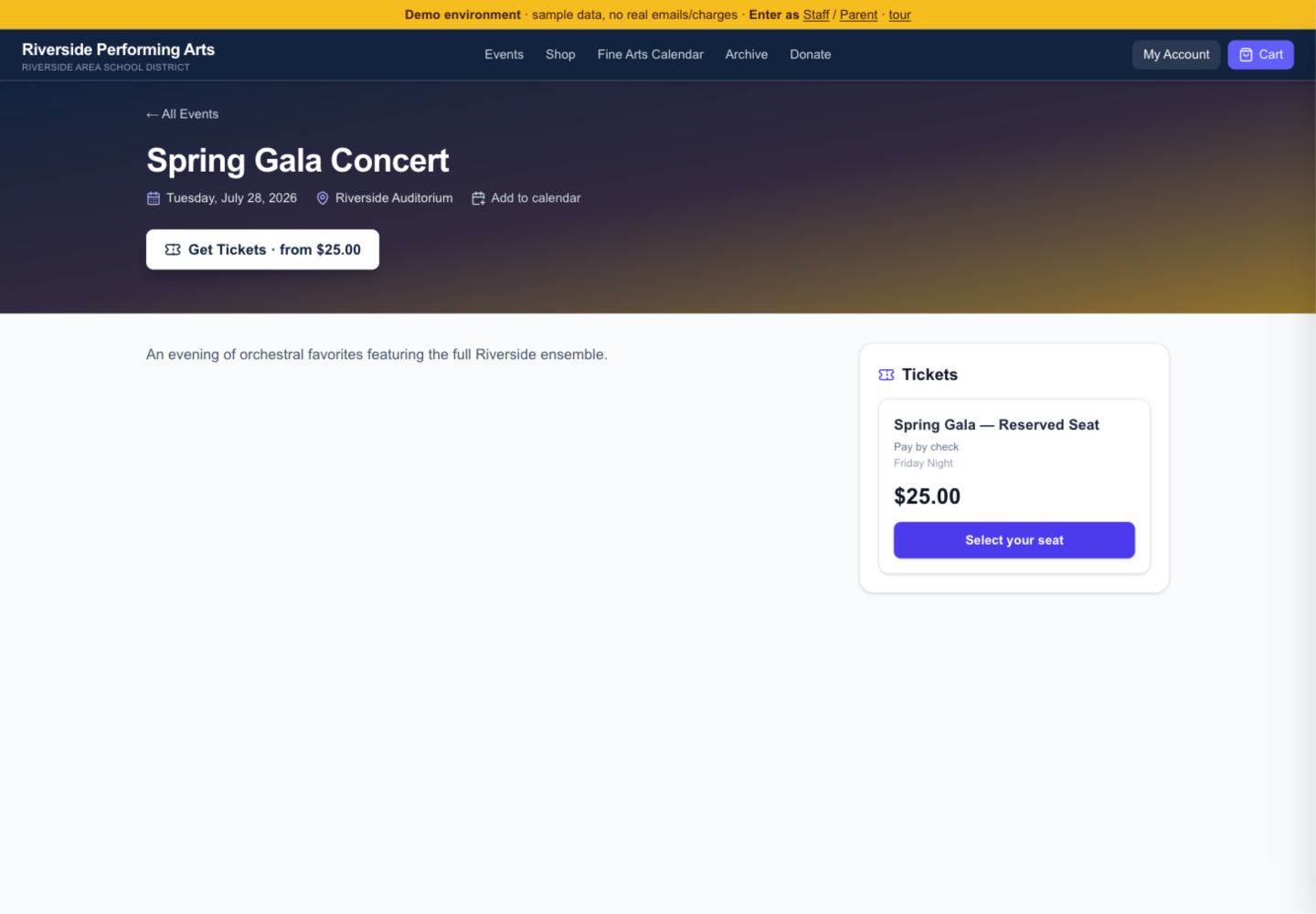 Event detail page with purchase options and event information