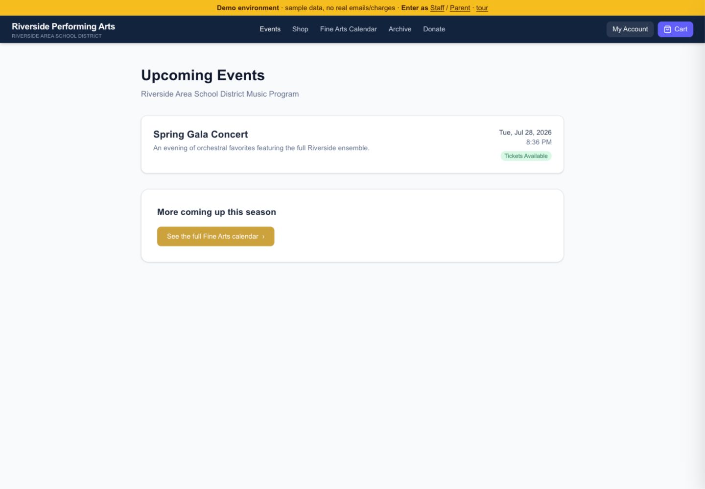 Event listing page showing upcoming ticketed events
