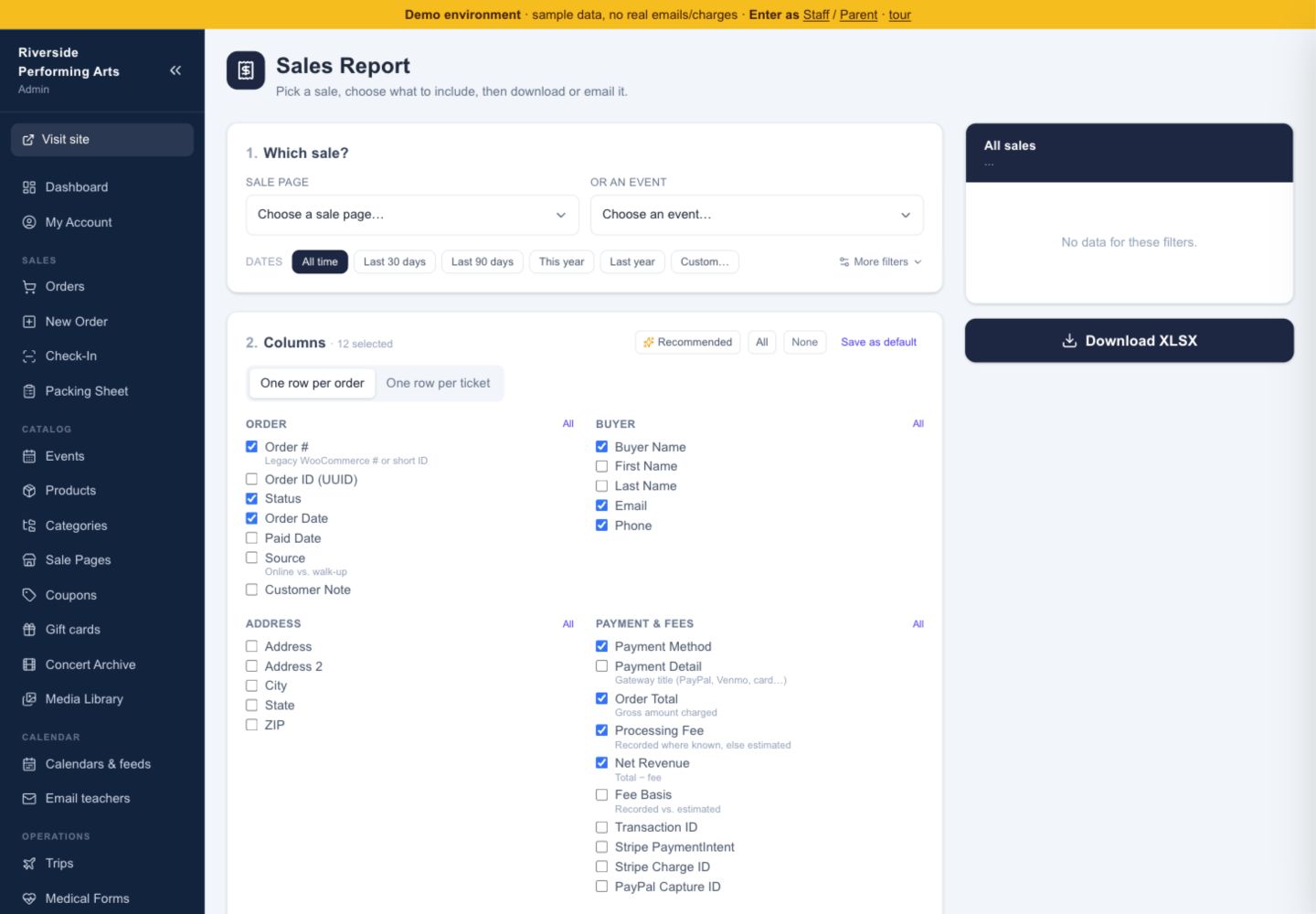 Sales report screen with filters and export options for ticketing revenue